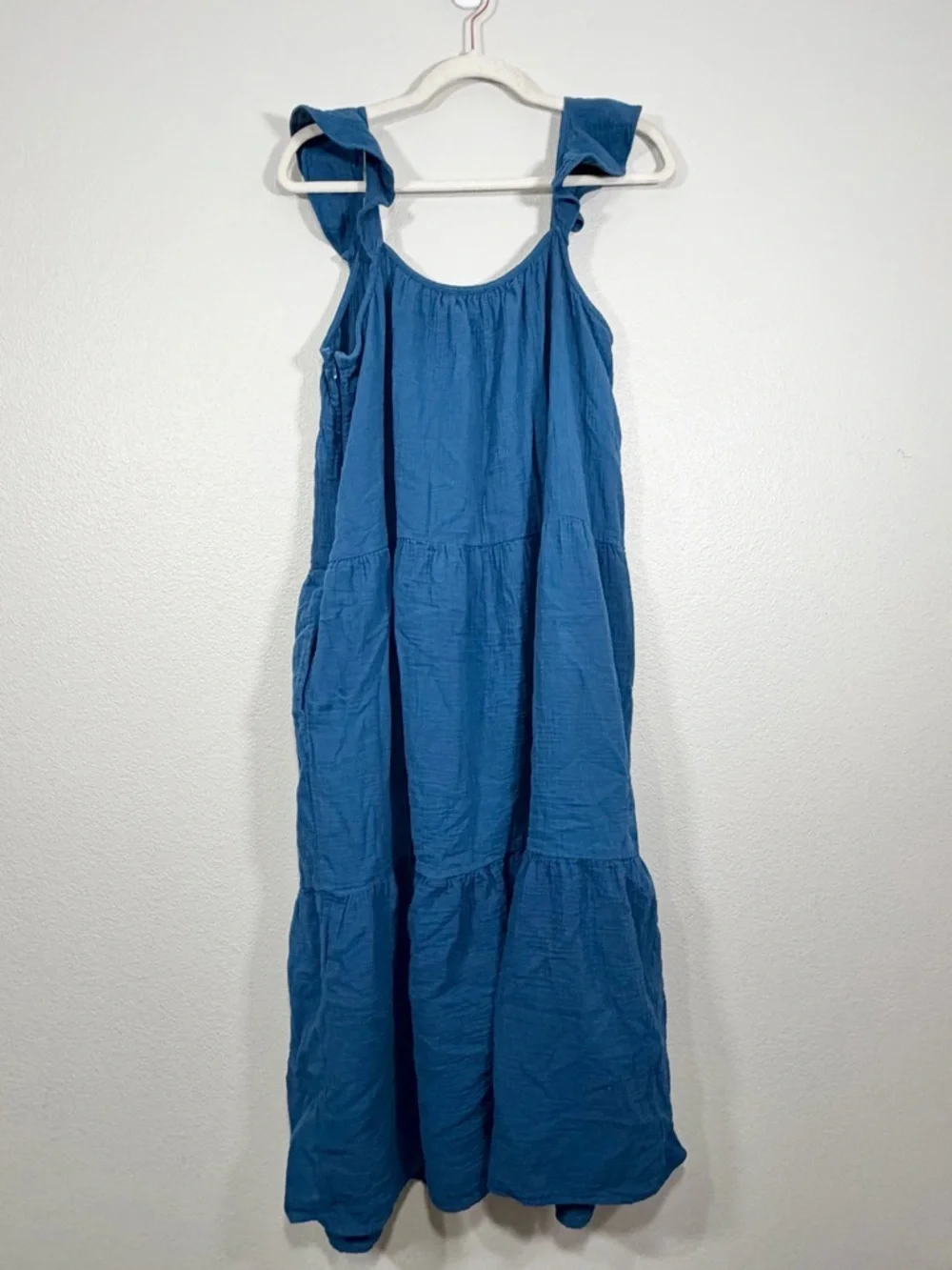 J. Crew Dress Ruffle Straps Maxi Spring Summer Pockets 100% Cotton Blue Women XL